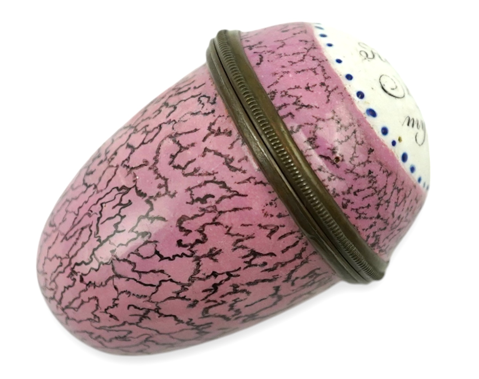 An 18th century South Staffordshire enamel nutmeg grater box, shaped as an egg and inscribed 'Keep This FOR My Sake', 4.5cm high. Condition - good